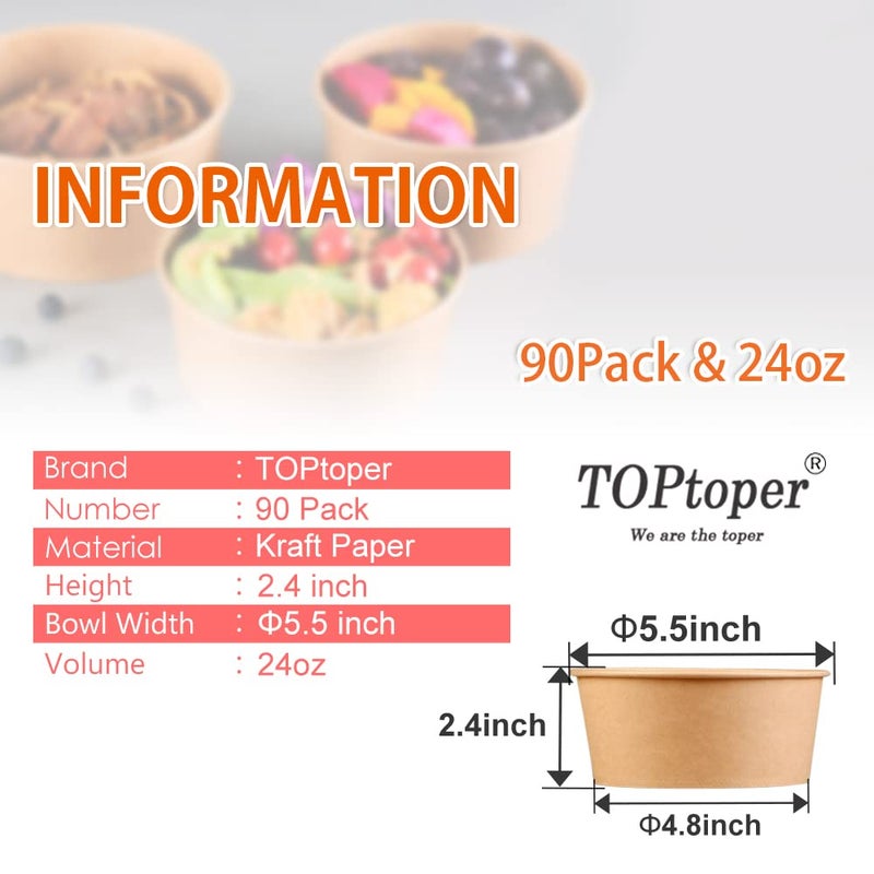 TOPtoper 24 Oz Large Paper Bowlsã€WITHOUT LIDSã€‘ 90 Pack Disposable Soup Bowls Plastic Free Party Supplies for Hot/Cold Food, Soup (24 OZ) - Image 5